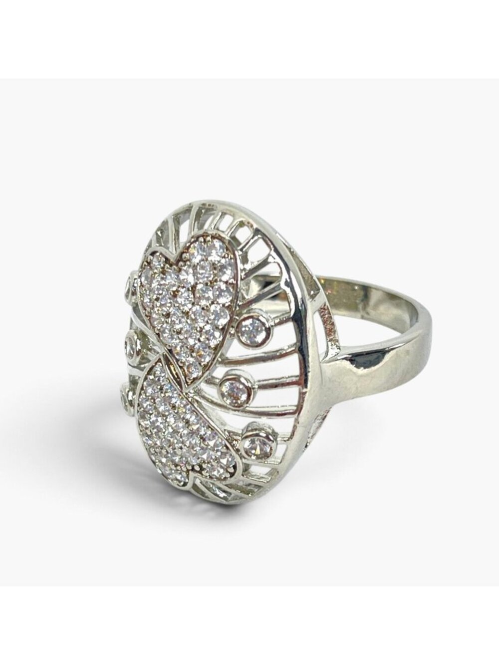 Oval Silver-Tone Statement Ring With Pave Heart Design & Rhinestones Size 10